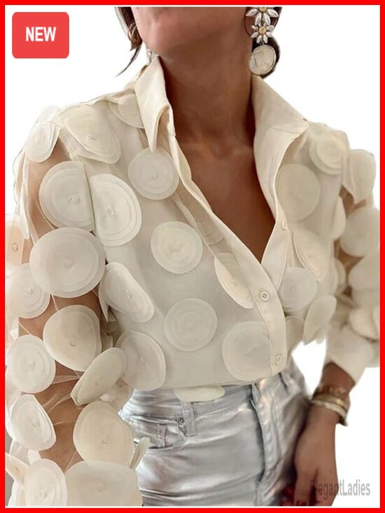 Tops - Women's Long Sleeve Button Down Blouse Sheer Polka Dot Dressy Casual Work Top